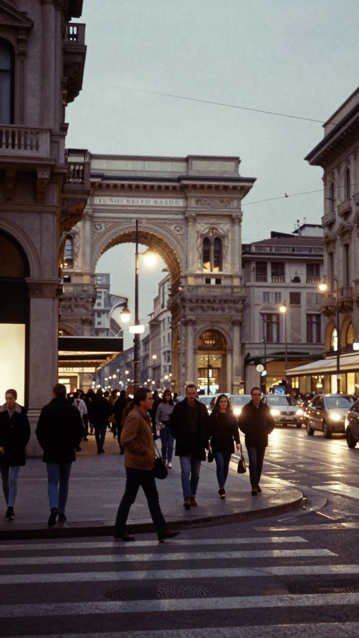 As City Lights Begin To Glow on Street Scene in Milan in in Milan, Italy