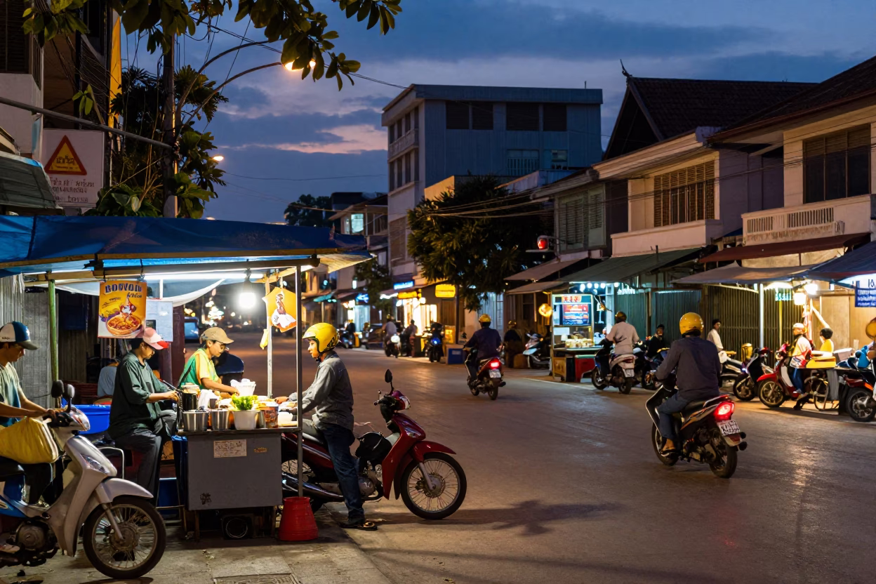 As City Lights Begin To Glow on Street Scene in Phnom Penh in in Phnom Penh, Cambodia