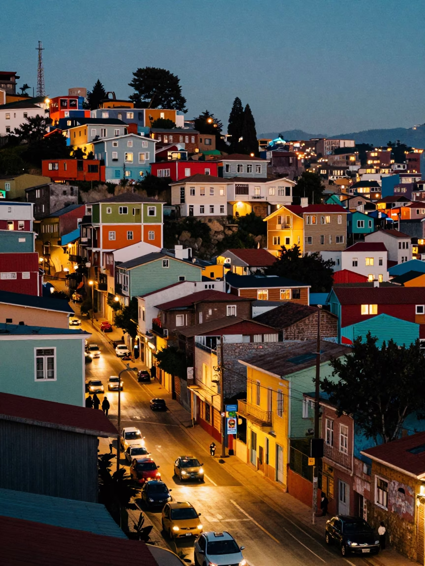 As City Lights Begin To Glow on Street Scene in Valparaiso in in Valparaiso, Chile