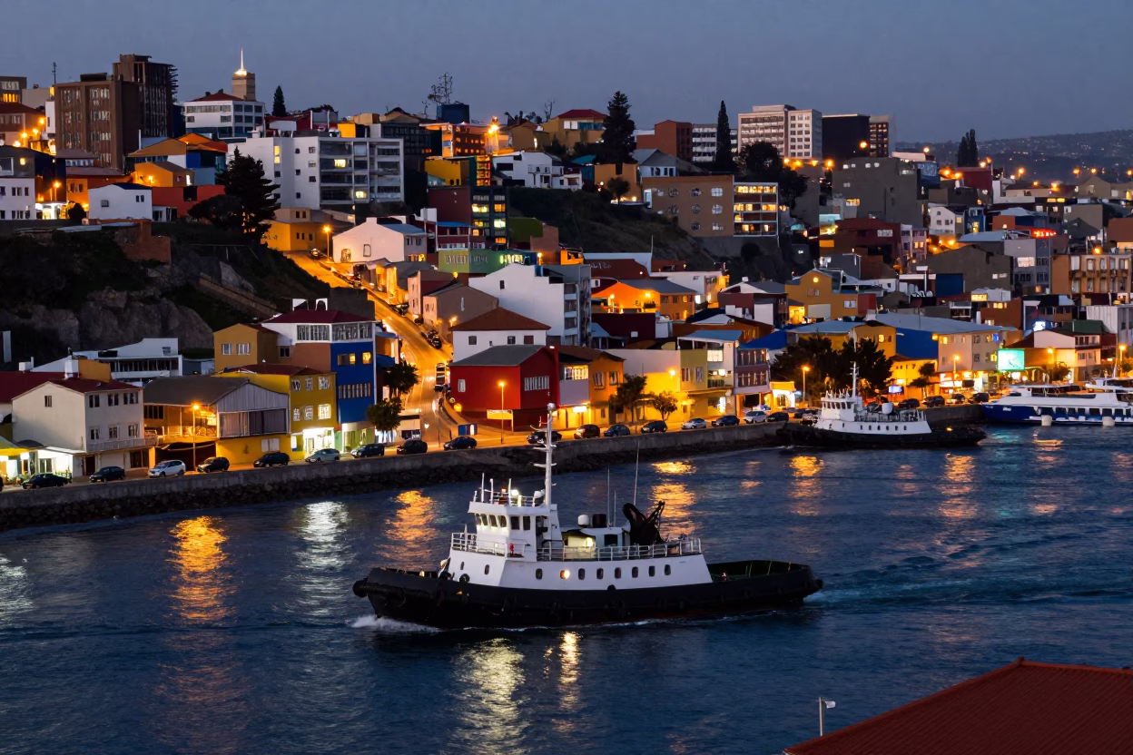 As City Lights Begin To Glow on Street Scene in Valparaiso in in Valparaiso, Chile