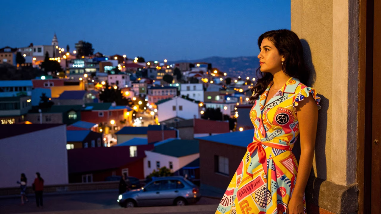 As City Lights Begin To Glow on Street Scene in Valparaiso in in Valparaiso, Chile