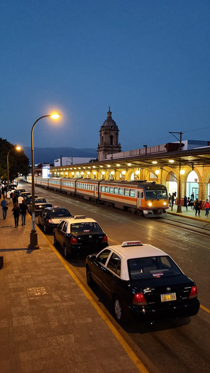 As City Lights Begin To Glow on Train Station in Oaxaca in in Oaxaca, Mexico
