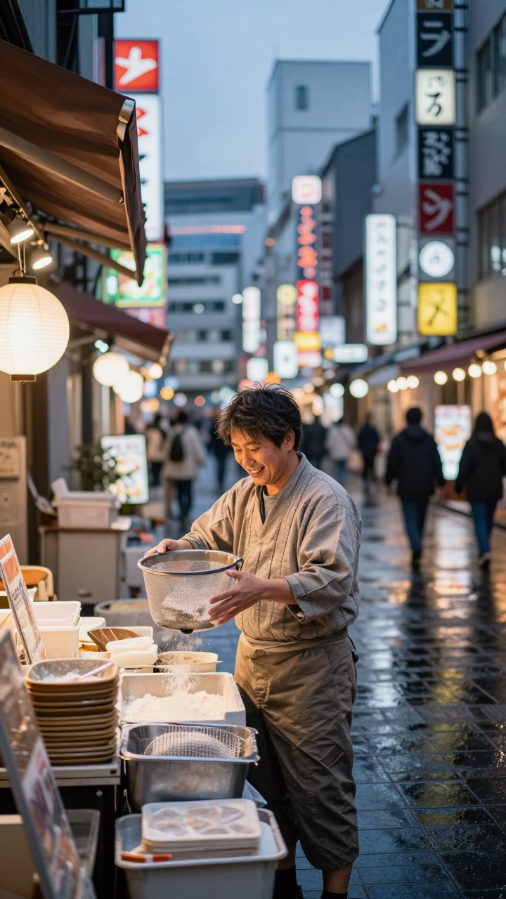 As City Lights Begin To Glow on Vendor Smiling in Osaka in in Osaka, Japan