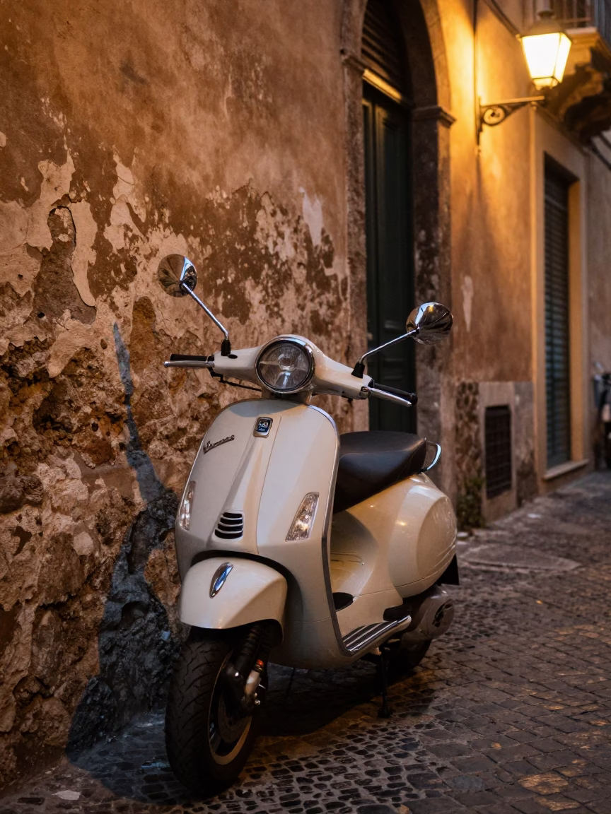 As City Lights Begin To Glow on Vespa Parked in Palermo in in Palermo, Italy