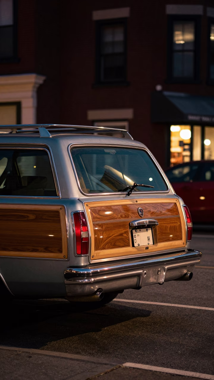 As City Lights Begin To Glow on Vintage Car in Boston in in Boston, Massachusetts, United States