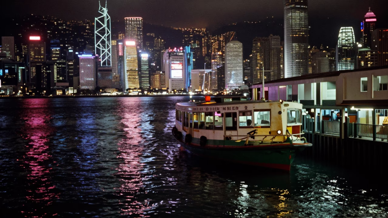As City Lights Begin To Glow on Water Taxi in Hong Kong in in Hong Kong, Hong Kong