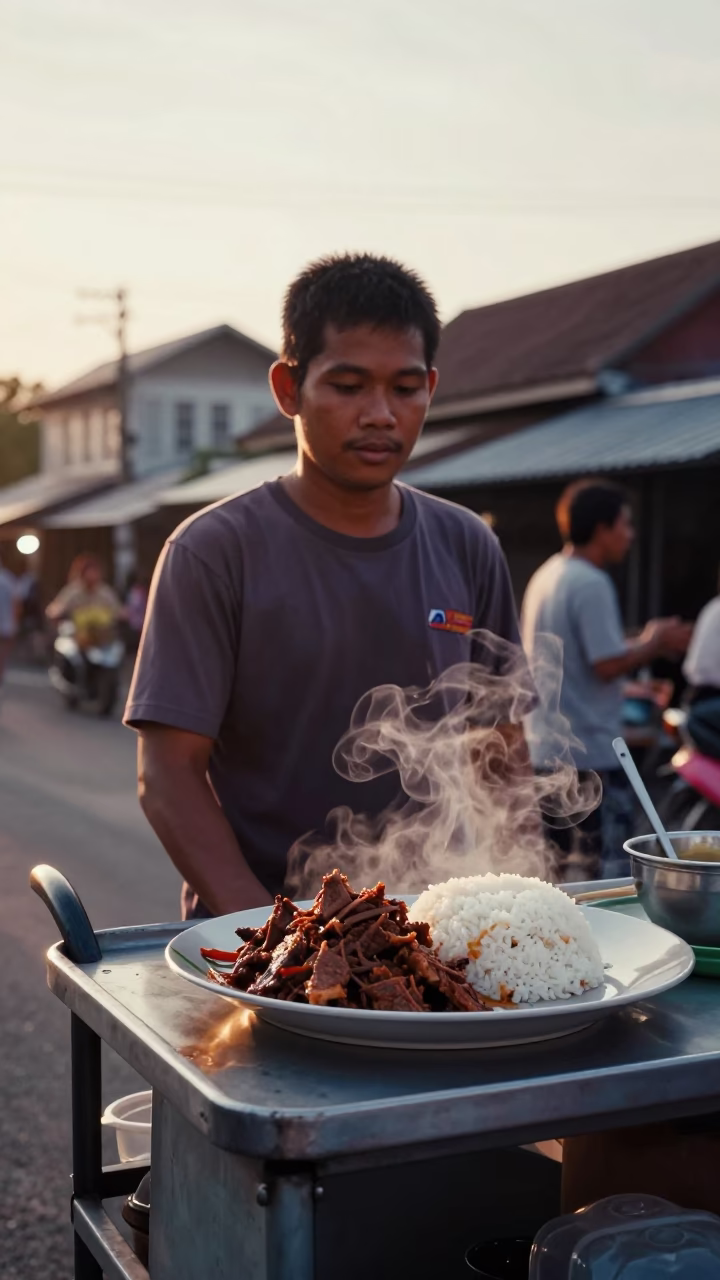 As First Light Reaches The Scene on Beef Rendang in Phuket in in Phuket, Thailand
