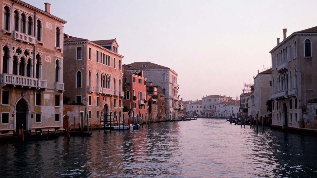 As First Light Reaches The Scene on Canal Waterfront in Venice in in Venice, Italy