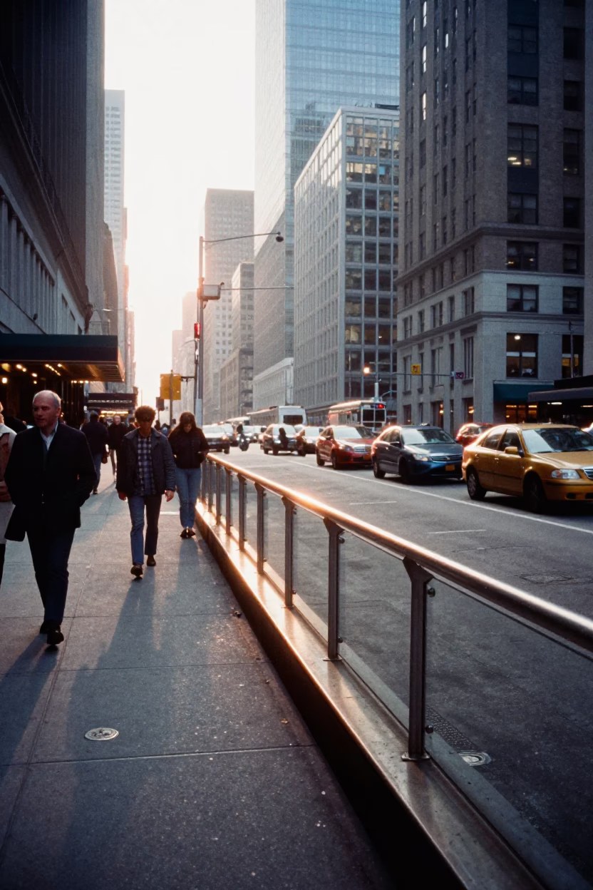 As First Light Reaches The Scene on City Sidewalk in New York in in New York, New York, United States
