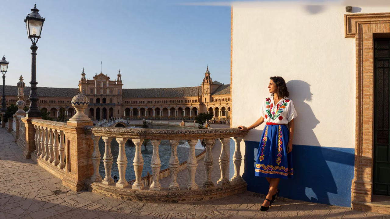 As First Light Reaches The Scene on Embroidered Cushion in Seville in in Seville, Spain