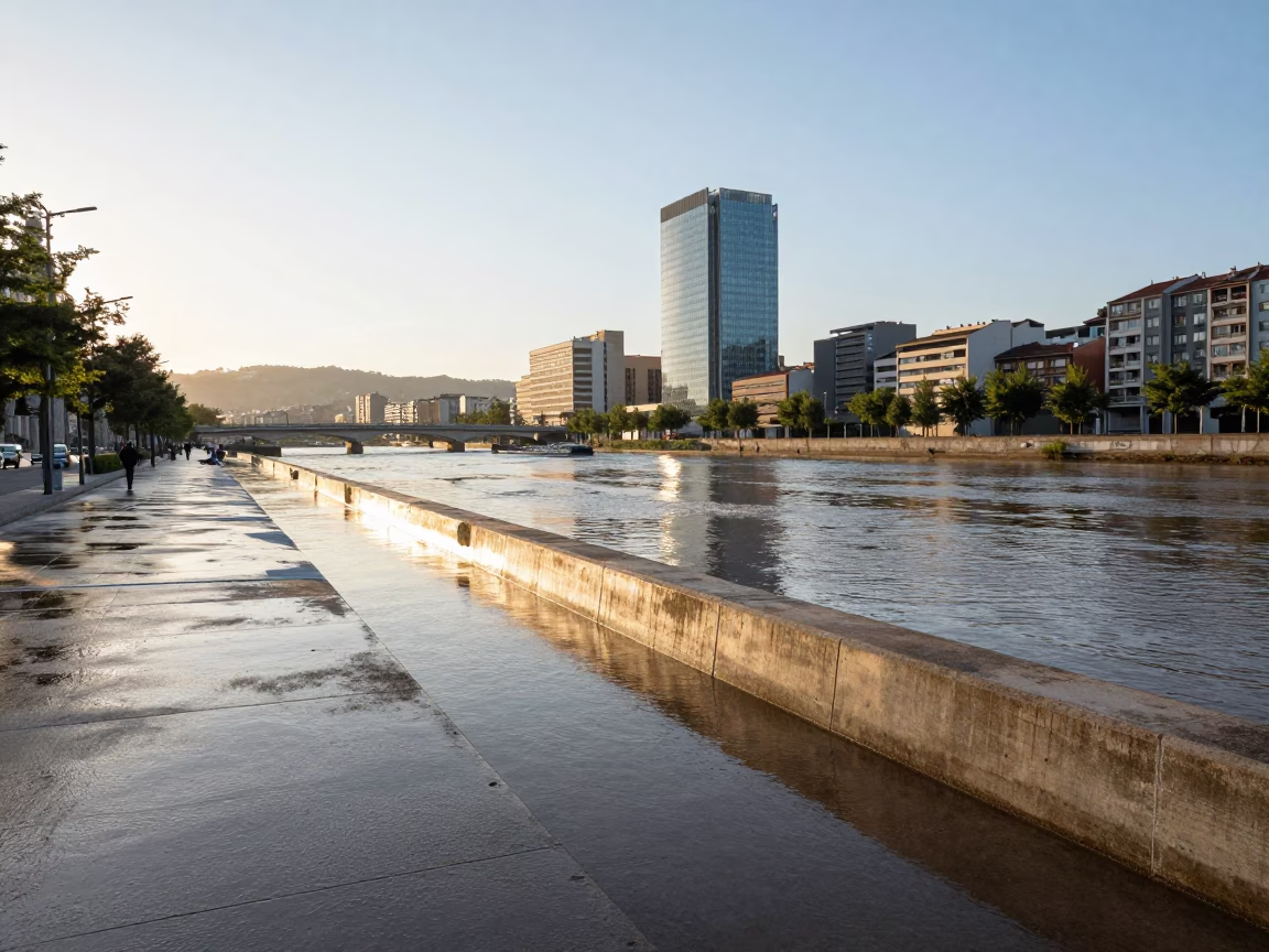 As First Light Reaches The Scene on First Light in Bilbao in in Bilbao, Spain