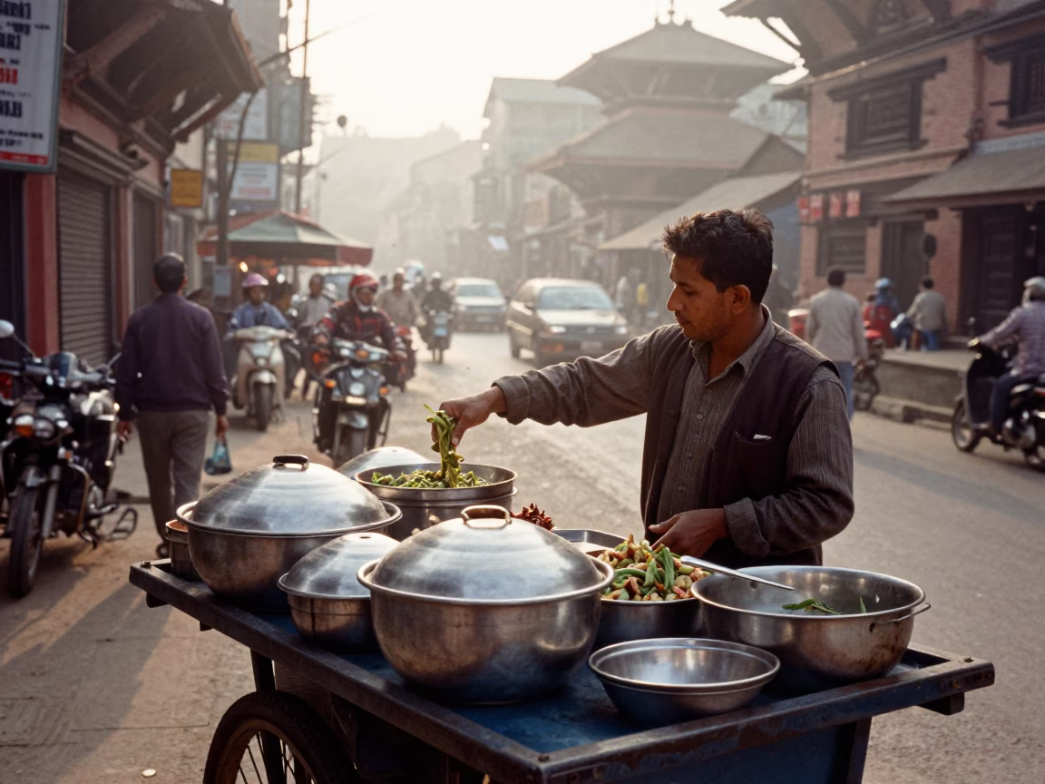 As First Light Reaches The Scene on Food Vendor in Kathmandu in in Kathmandu, Nepal
