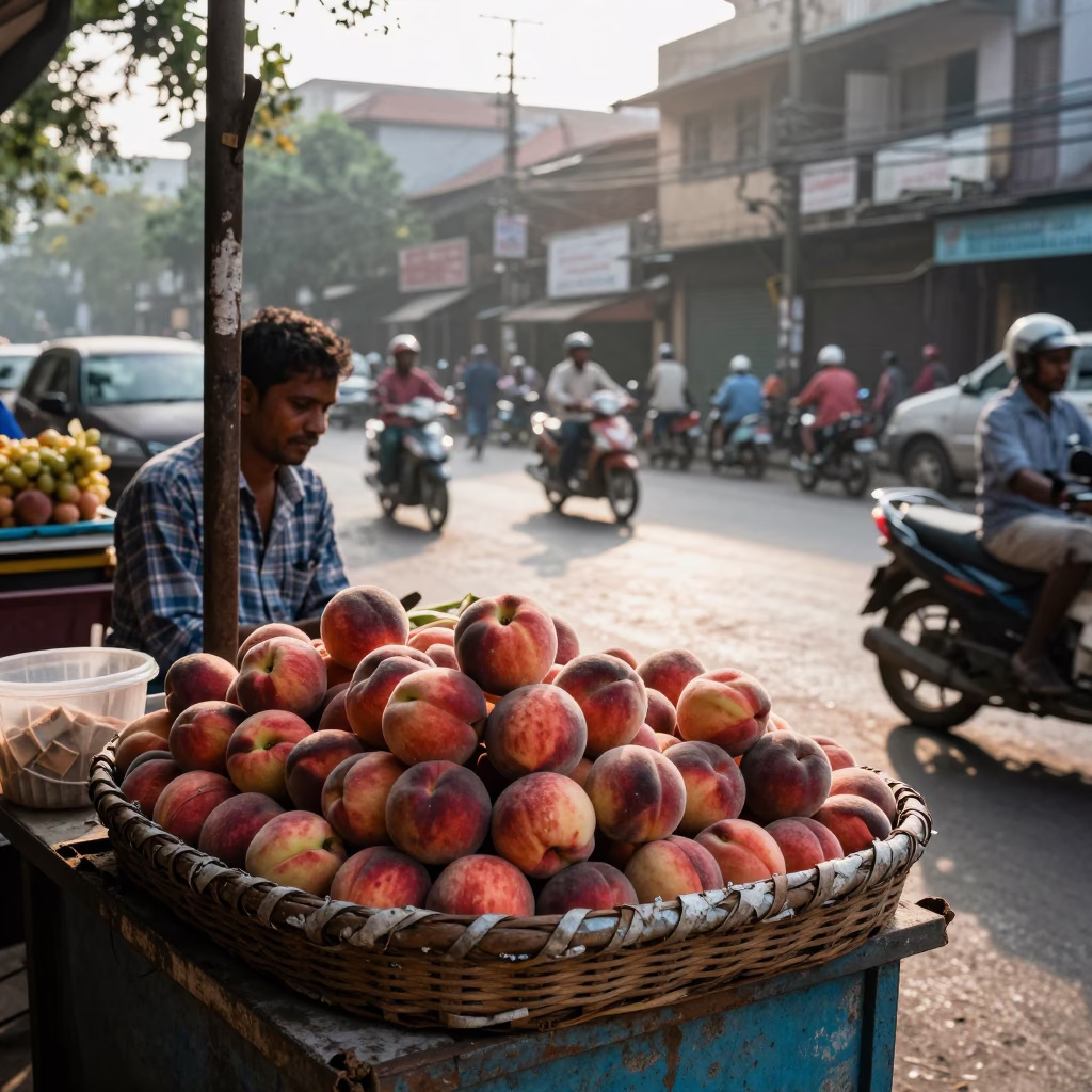 As First Light Reaches The Scene on Fresh Peaches in Mumbai in in Mumbai, India