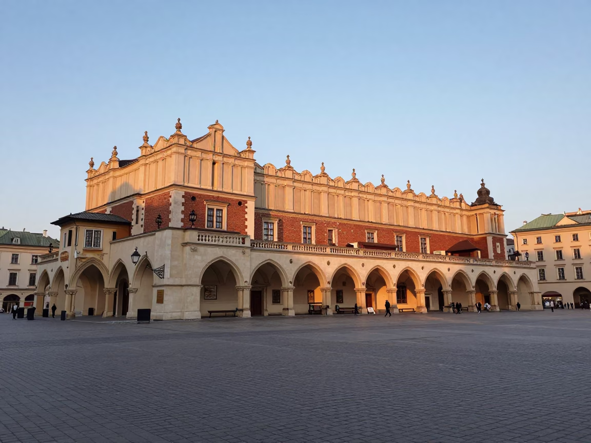 As First Light Reaches The Scene on Historic Architecture in Krakow in in Krakow, Poland