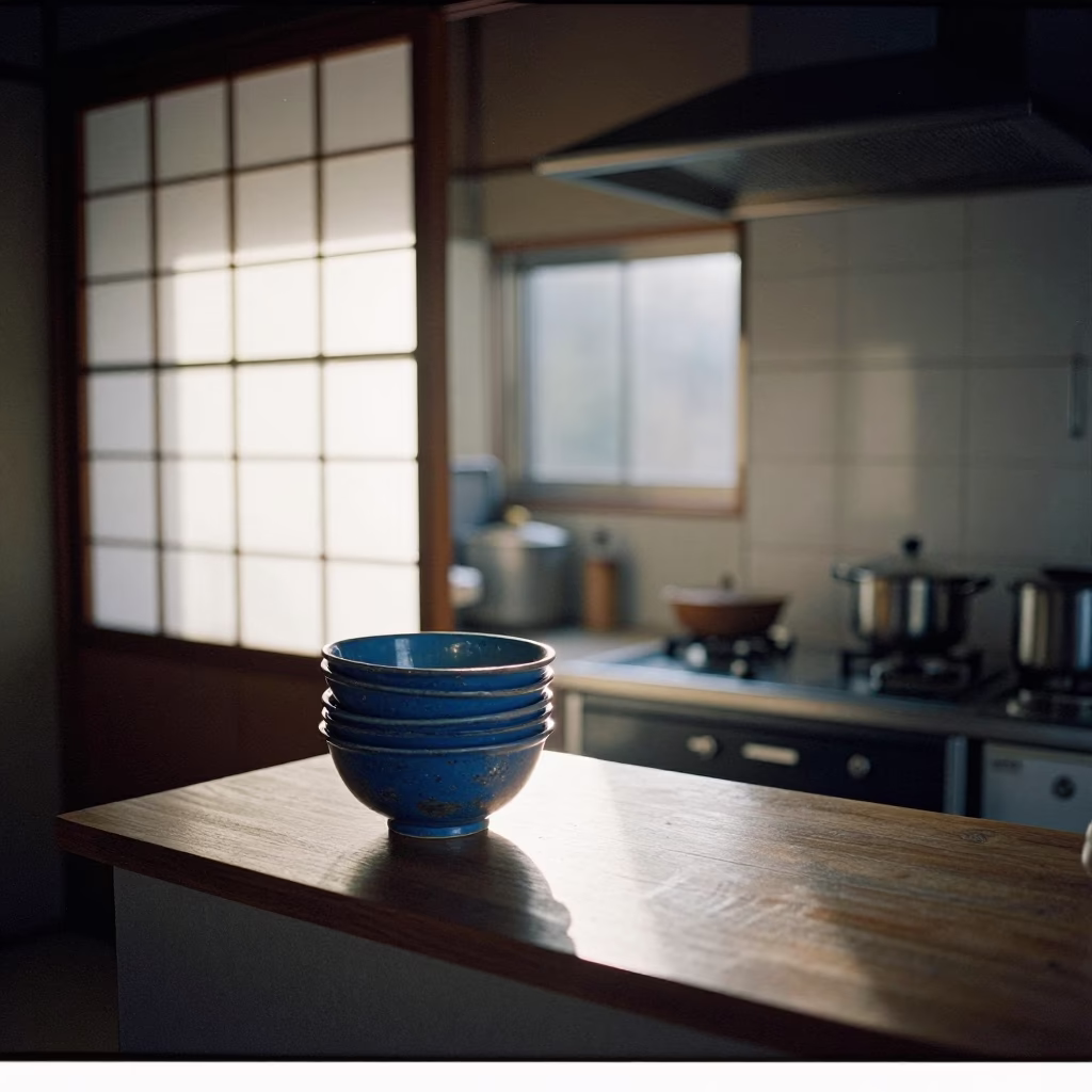 As First Light Reaches The Scene on Kitchen Interior in Kyoto in in Kyoto, Japan