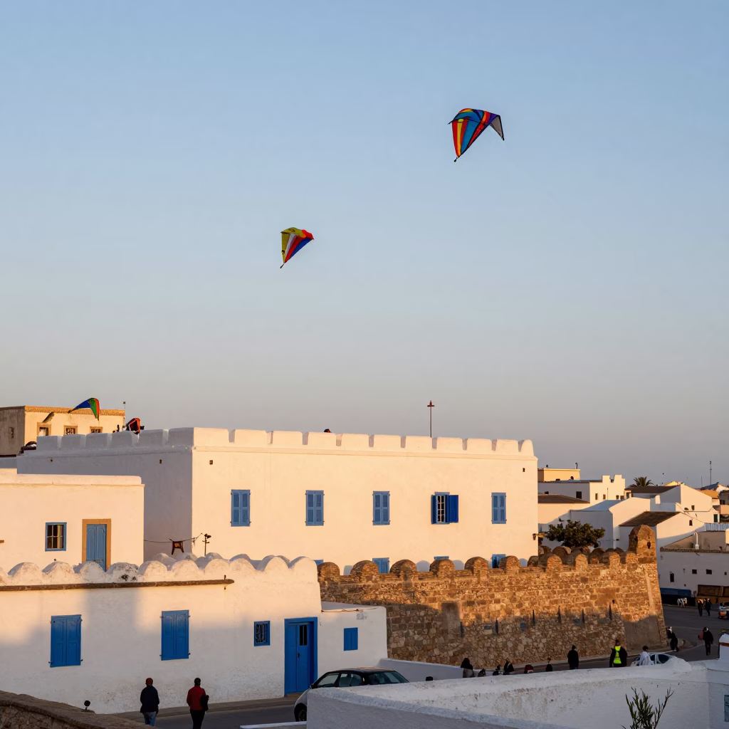 As First Light Reaches The Scene on Kites Flying in Essaouira in in Essaouira, Morocco