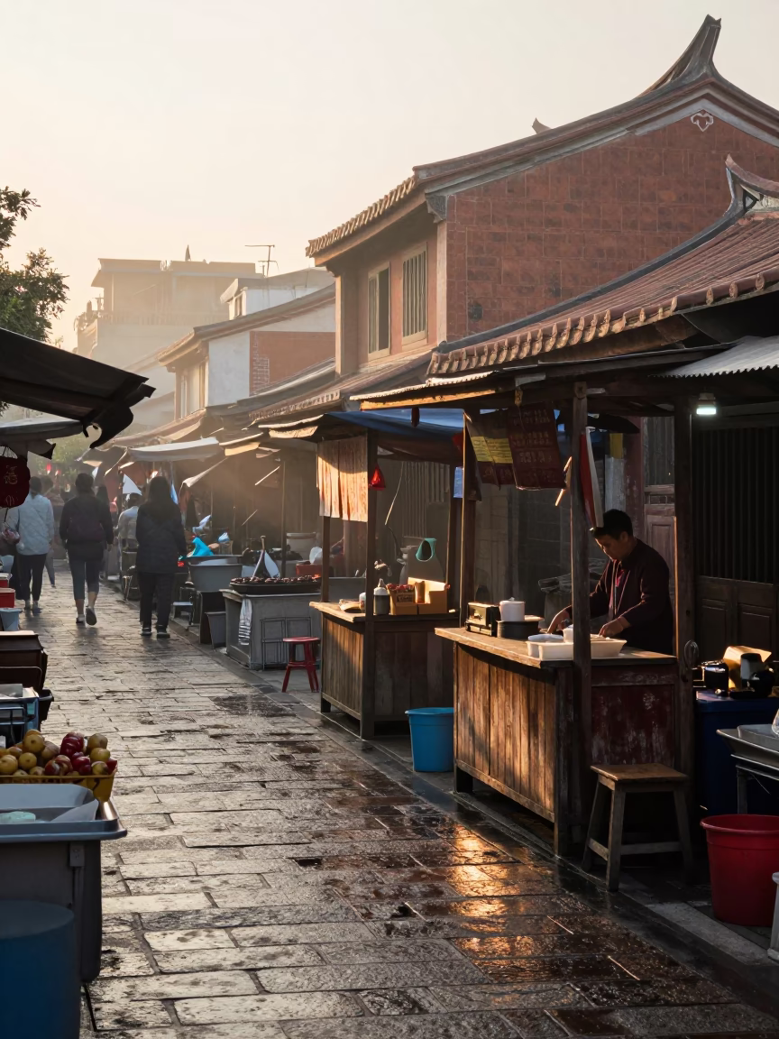 As First Light Reaches The Scene on Market Scene in Tainan in in Tainan, Taiwan