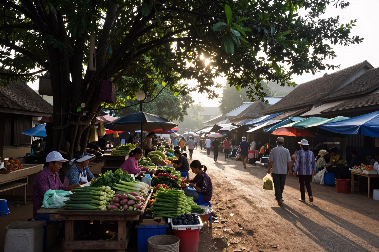 As First Light Reaches The Scene on Market Stall in Luang Prabang in in Luang Prabang, Laos