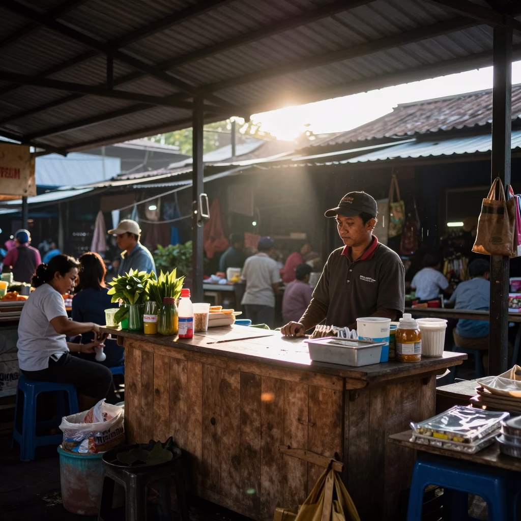 As First Light Reaches The Scene on Market Stall in Surabaya in in Surabaya, Indonesia