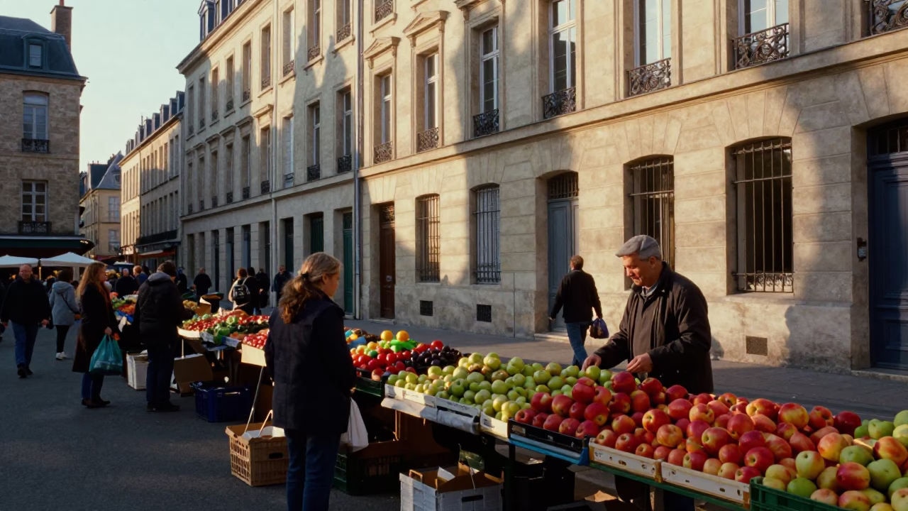 As First Light Reaches The Scene on Market Stalls in Lyon in in Lyon, France