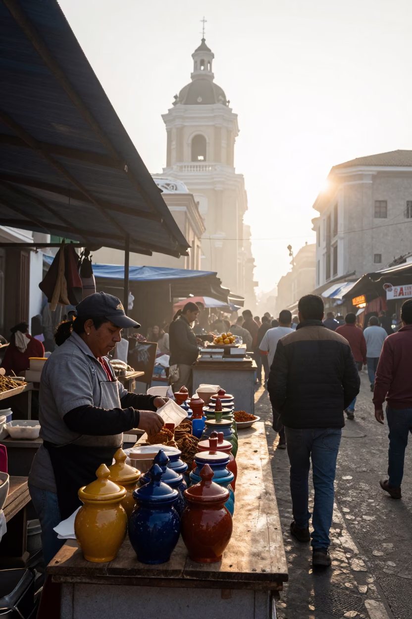 As First Light Reaches The Scene on Market Vendor in Lima in in Lima, Peru