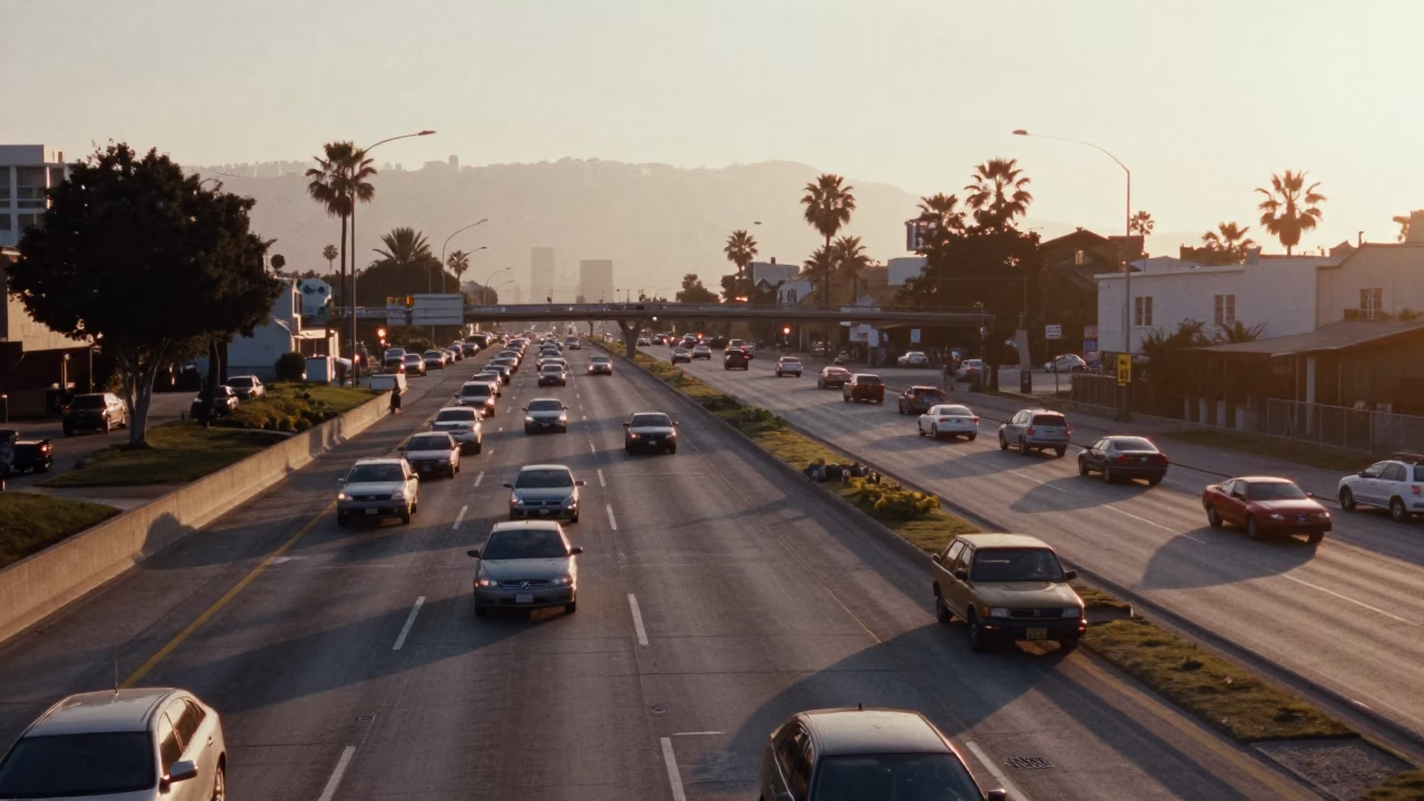 As First Light Reaches The Scene on Morning Commute in Los Angeles in in Los Angeles, California, United States