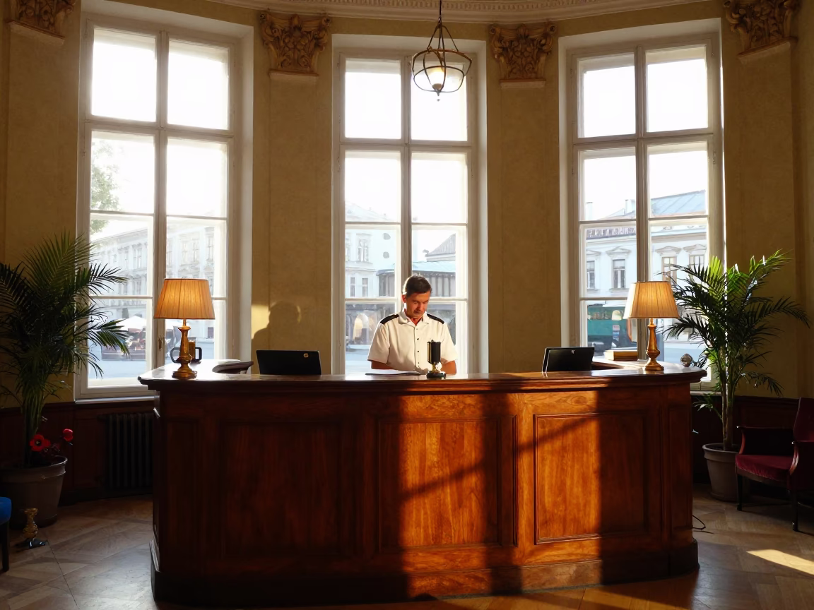 As First Light Reaches The Scene on Reception Desk in Vienna in in Vienna, Austria