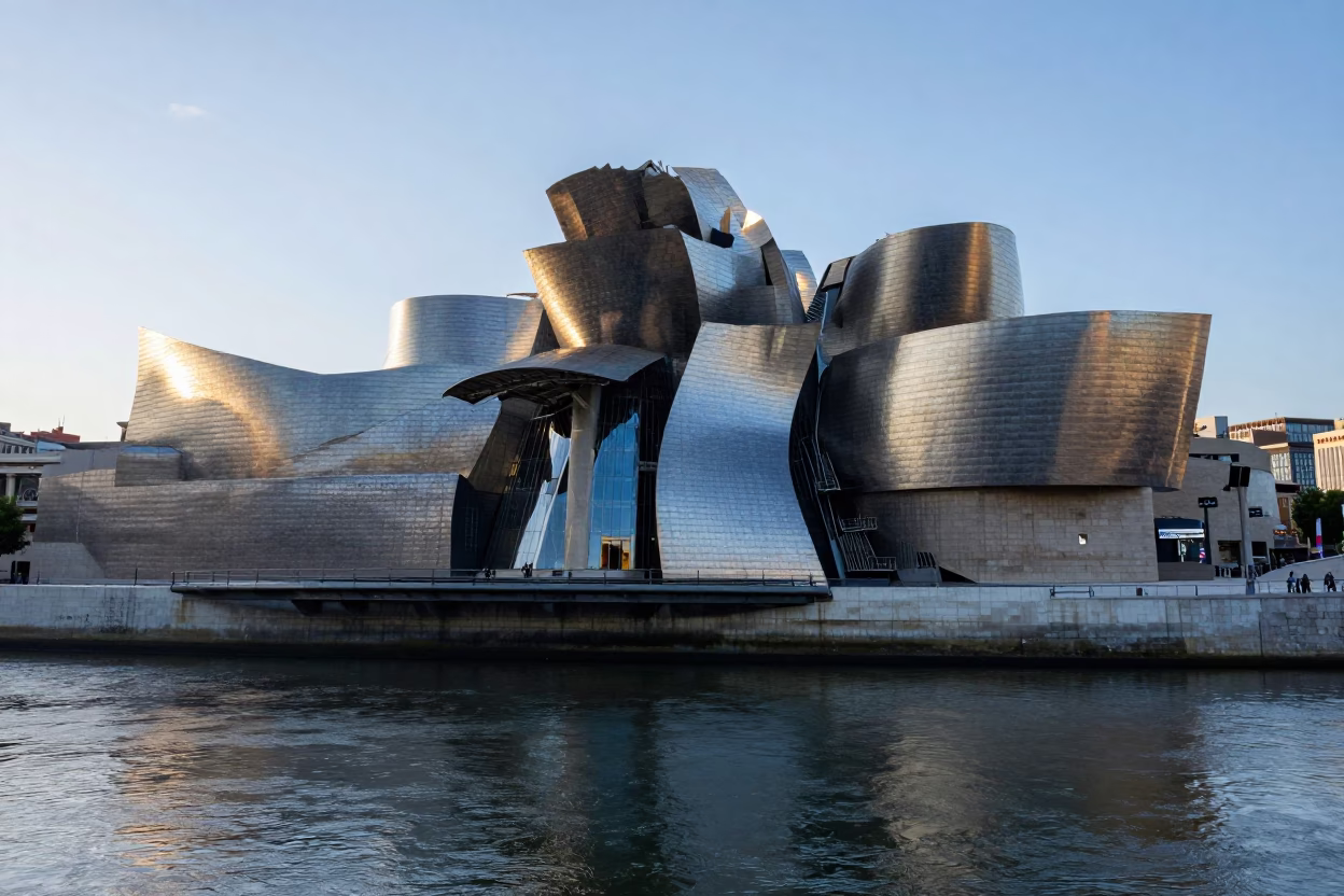 As First Light Reaches The Scene on River Banks in Bilbao in in Bilbao, Spain