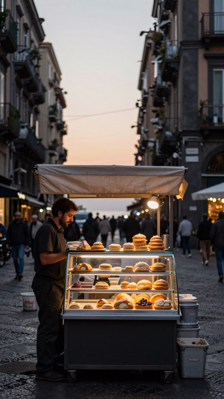 As First Light Reaches The Scene on Sfogliatella Pastries in Naples in in Naples, Italy