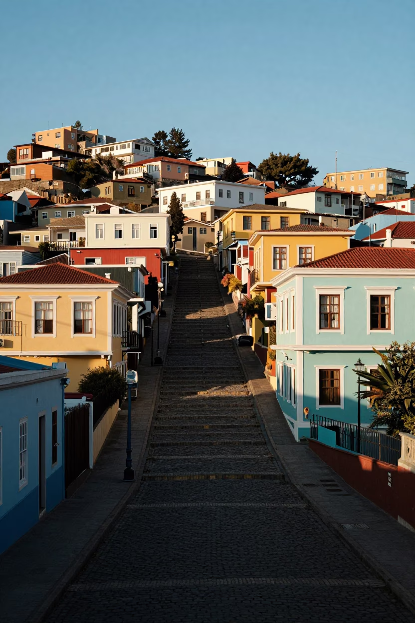As First Light Reaches The Scene on Staircases in Valparaiso in in Valparaiso, Chile