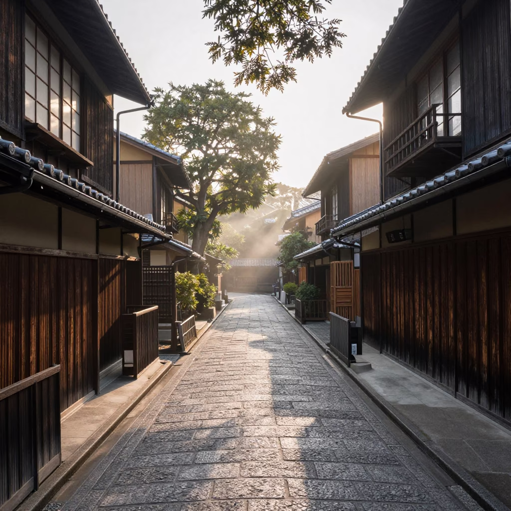 As First Light Reaches The Scene on Stone Path in Kyoto in in Kyoto, Japan