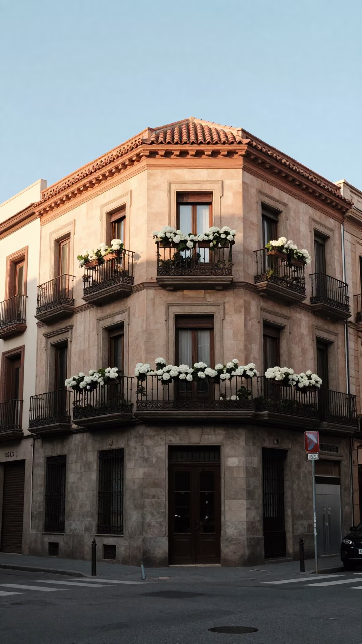 As First Light Reaches The Scene on Street Corner in Barcelona in in Barcelona, Spain
