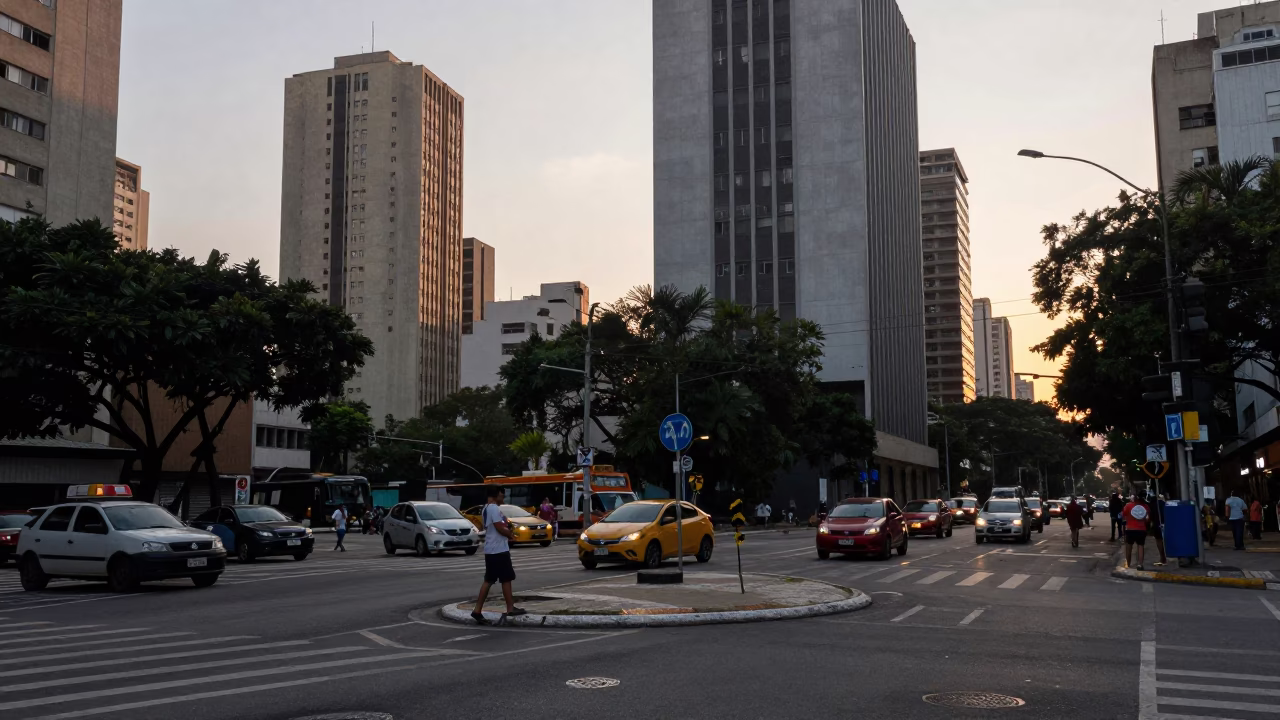 As First Light Reaches The Scene on Street Corner in São Paulo in in São Paulo, Brazil