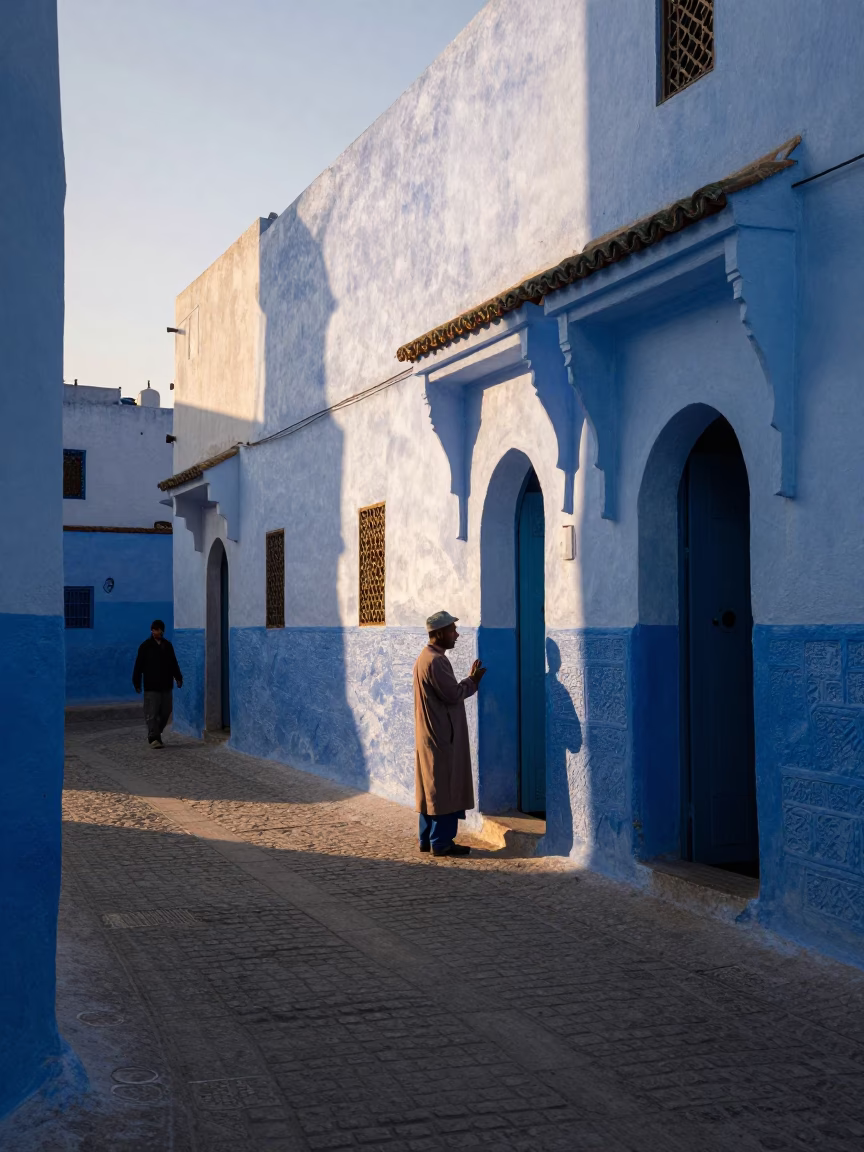 As First Light Reaches The Scene on Street Scene in Essaouira in in Essaouira, Morocco