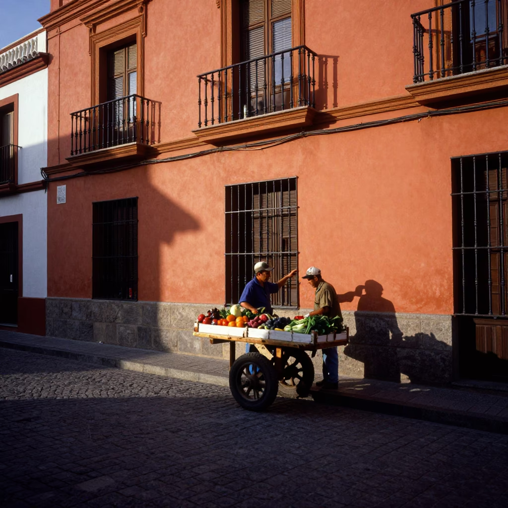 As First Light Reaches The Scene on Street Scene in Seville in in Seville, Spain
