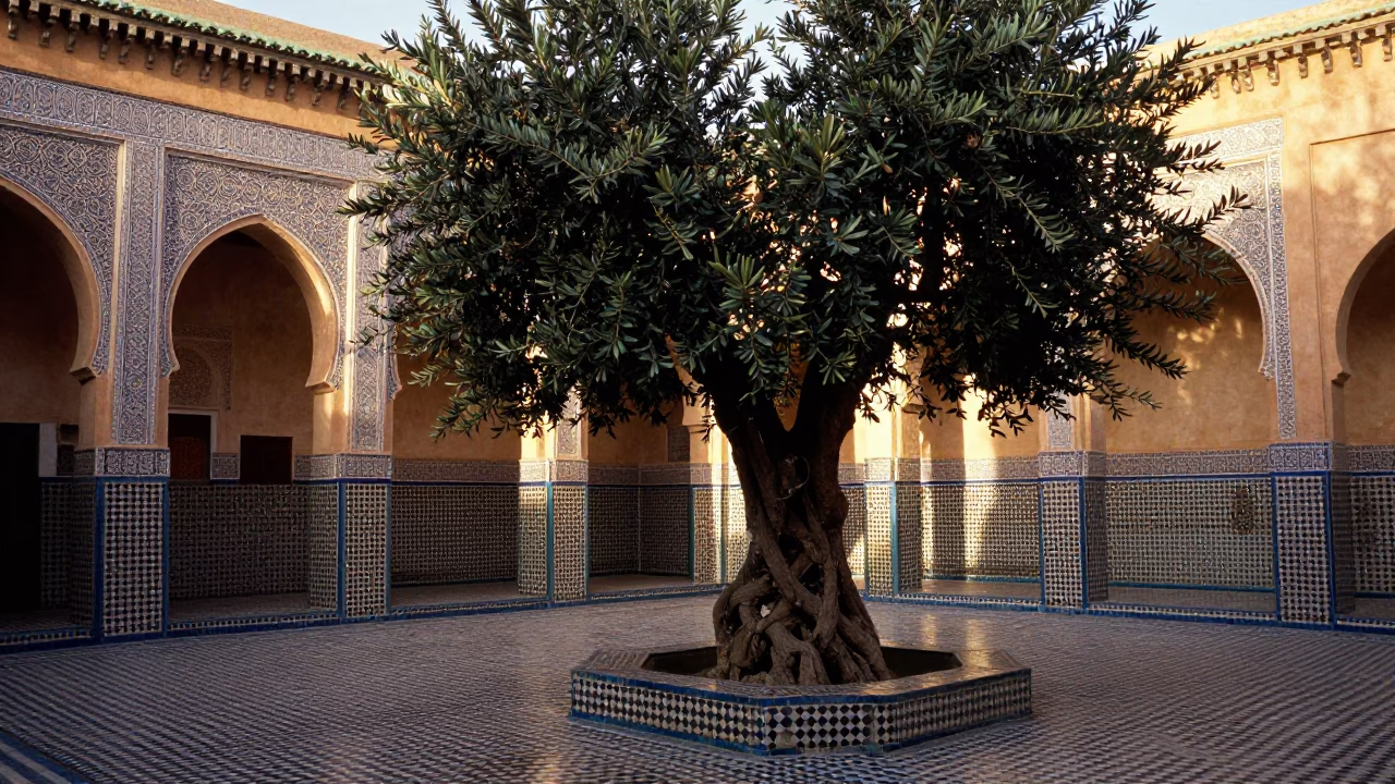 As First Light Reaches The Scene on Tile Courtyard in Fez in in Fez, Morocco