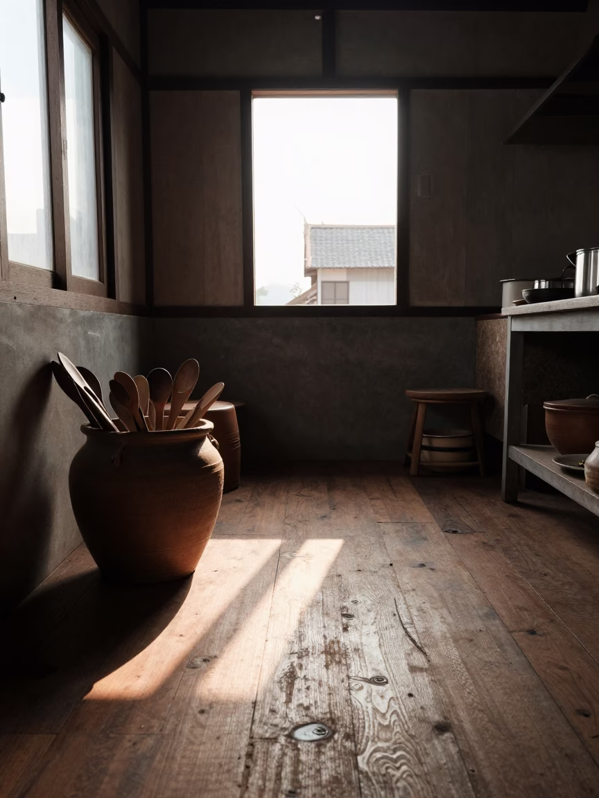 As First Light Reaches The Scene on Tiles Kitchen in Chiang Mai in in Chiang Mai, Thailand