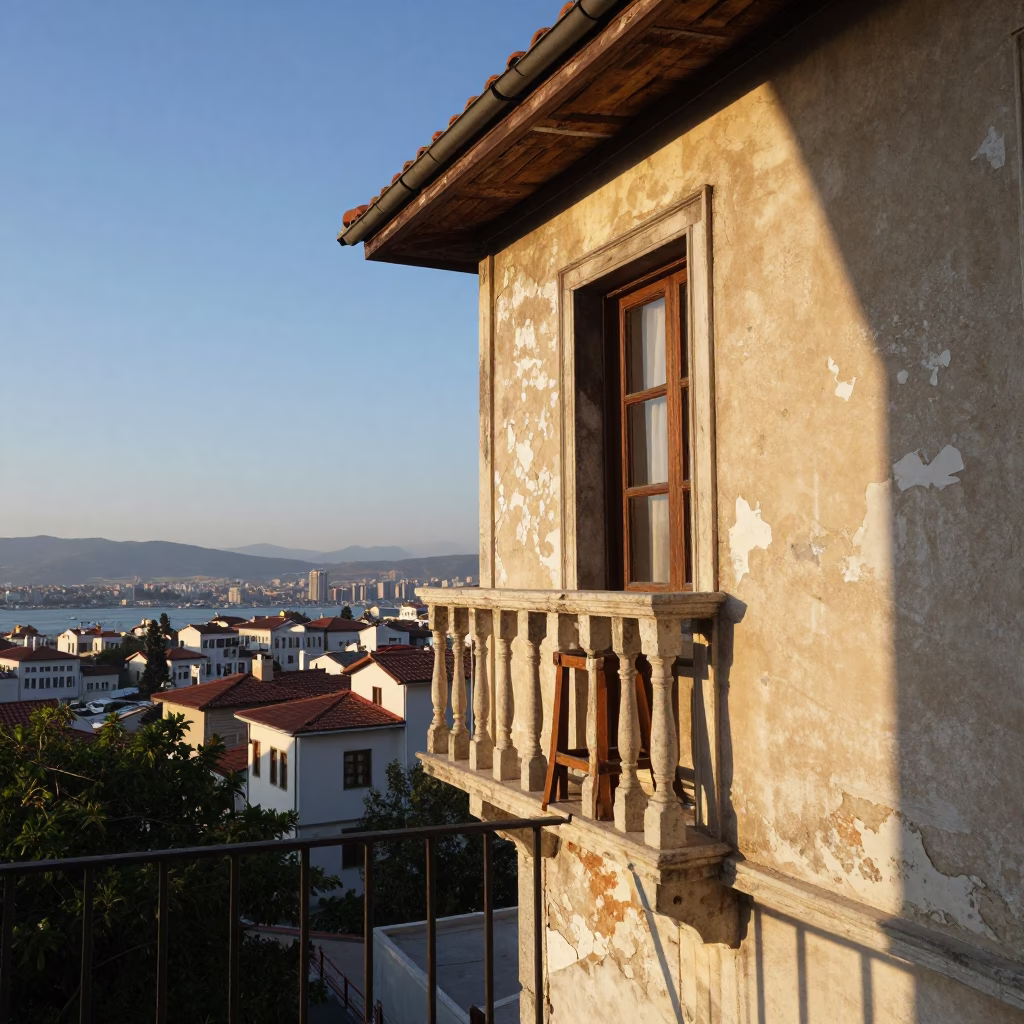 As First Light Reaches The Scene on Traditional Balcony in Izmir in in Izmir, Turkey