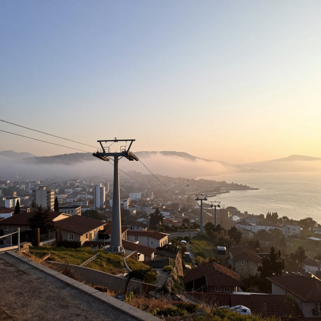 As First Light Reaches The Scene on Tramway Gondola in Izmir in in Izmir, Turkey