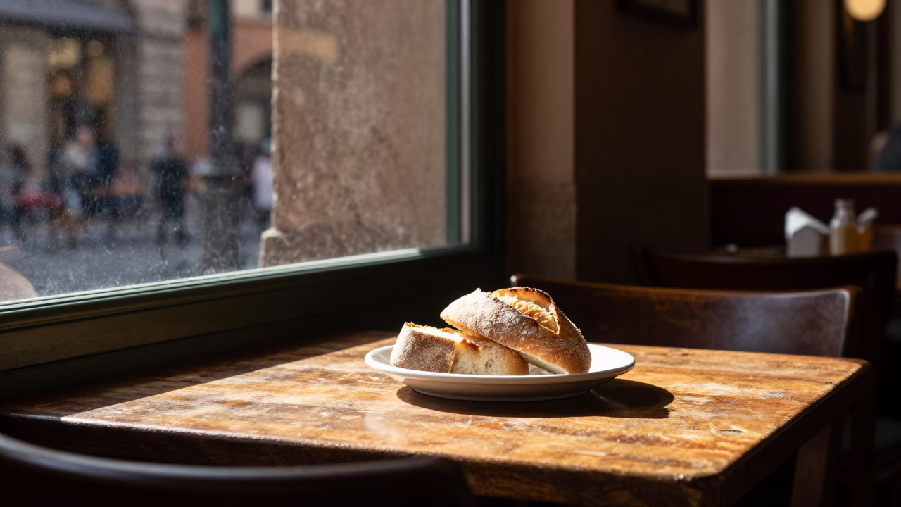 As First Light Reaches The Scene on Trattoria Table in Bologna in in Bologna, Italy