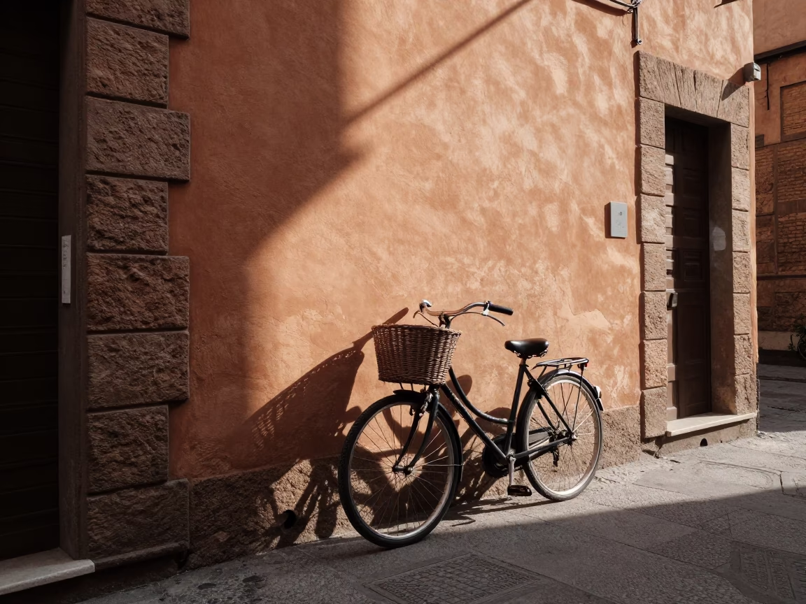 As First Light Reaches The Scene on Vintage Bicycle in Bologna in in Bologna, Italy