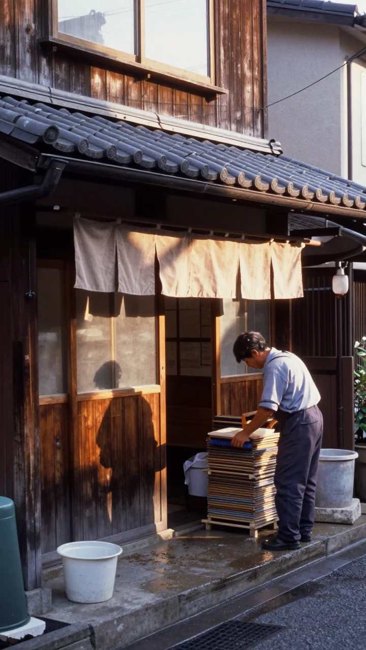 As First Light Reaches The Scene on Wooden Storefront in Osaka in in Osaka, Japan