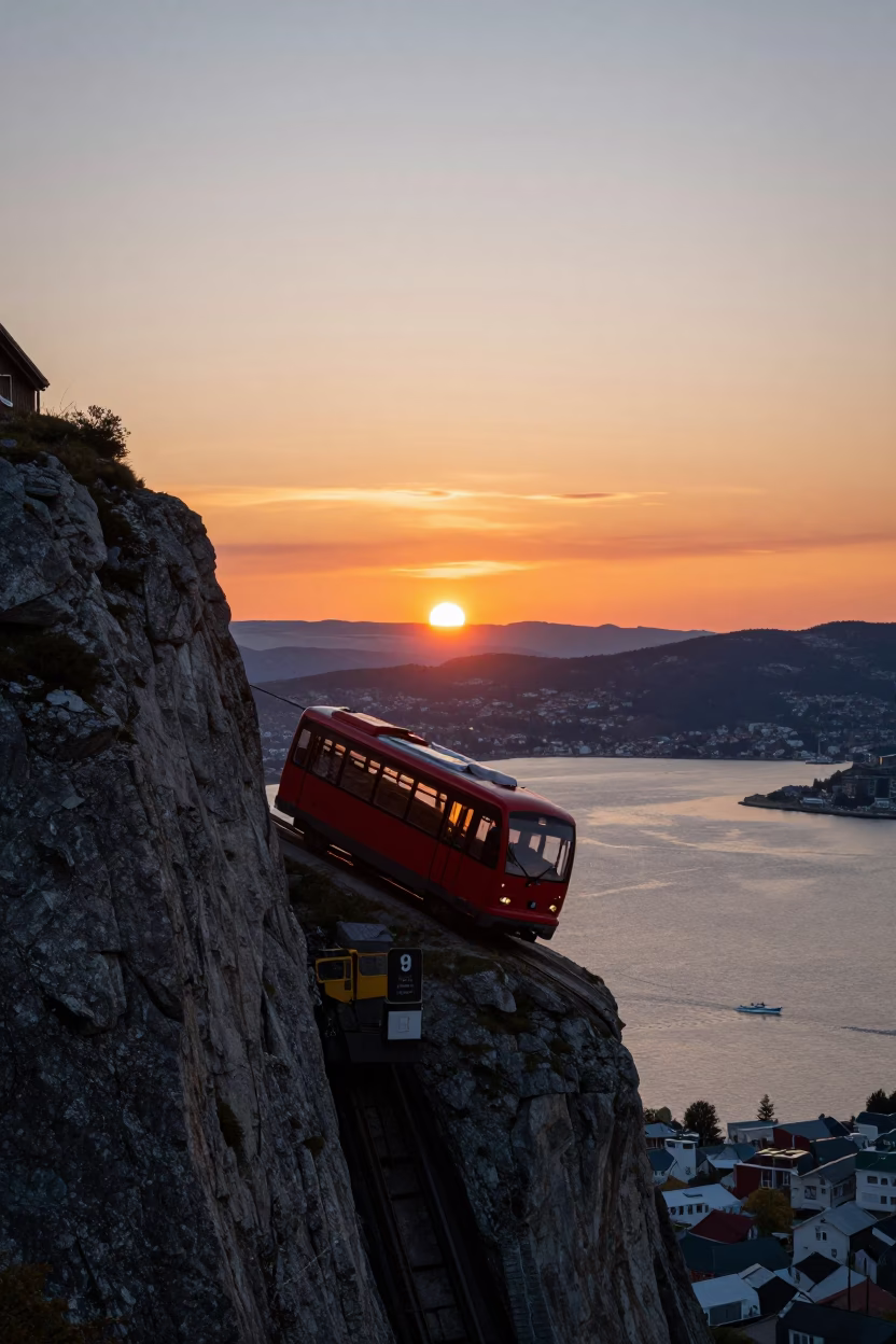 As The Sun Drops Toward The Horizon on Cliffside Restaurant in Bergen in in Bergen, Norway
