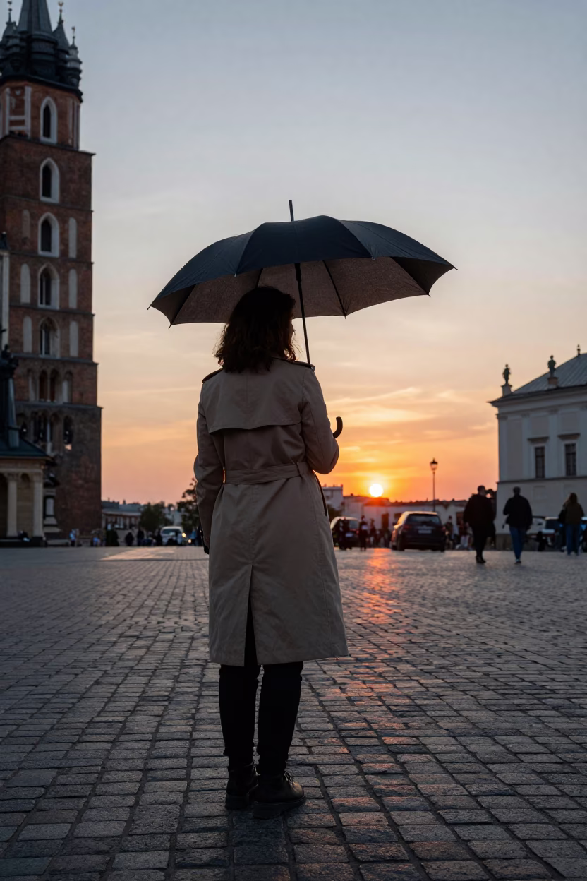 As The Sun Drops Toward The Horizon on Elegant Woman in Krakow in in Krakow, Poland