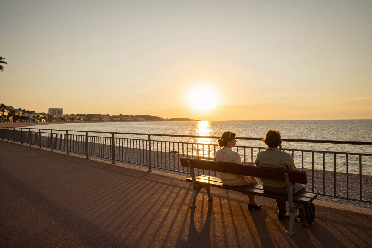 As The Sun Drops Toward The Horizon on Evening Scene in Nice in in Nice, France