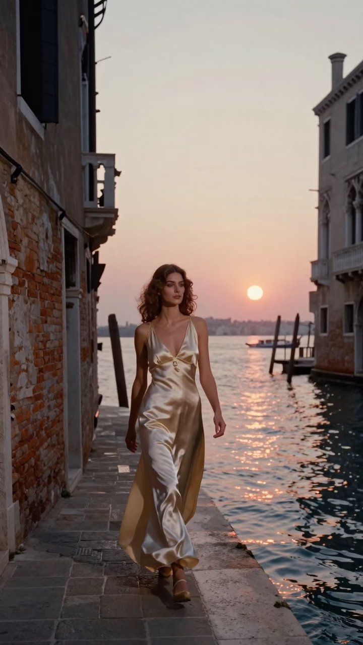 As The Sun Drops Toward The Horizon on Fashion Model in Venice in in Venice, Italy