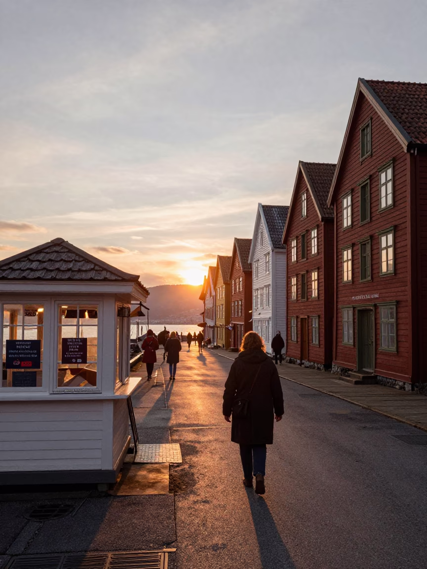 As The Sun Drops Toward The Horizon on Fjord View in Bergen in in Bergen, Norway