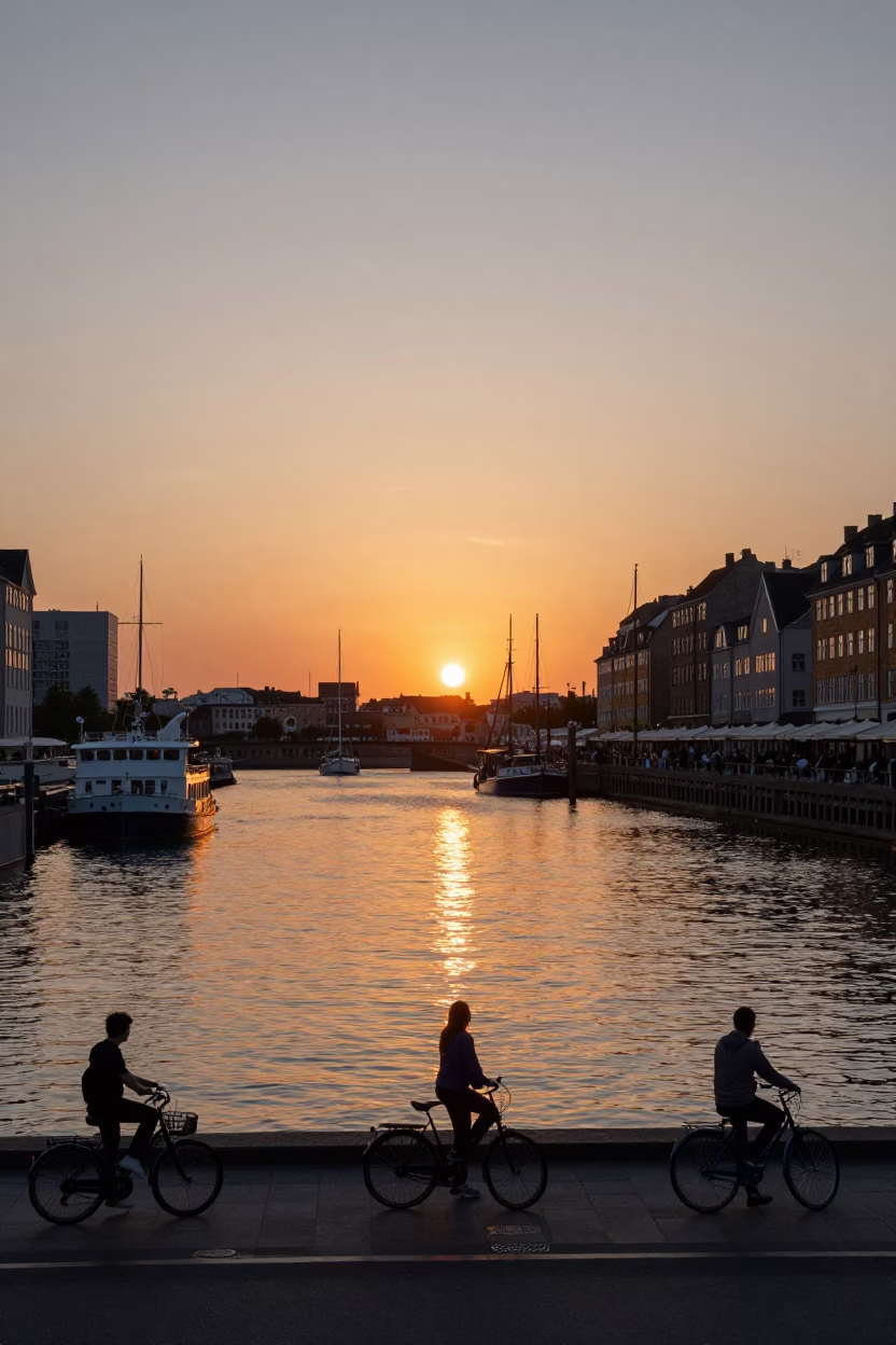 As The Sun Drops Toward The Horizon on Floating Harbor in Copenhagen in in Copenhagen, Denmark