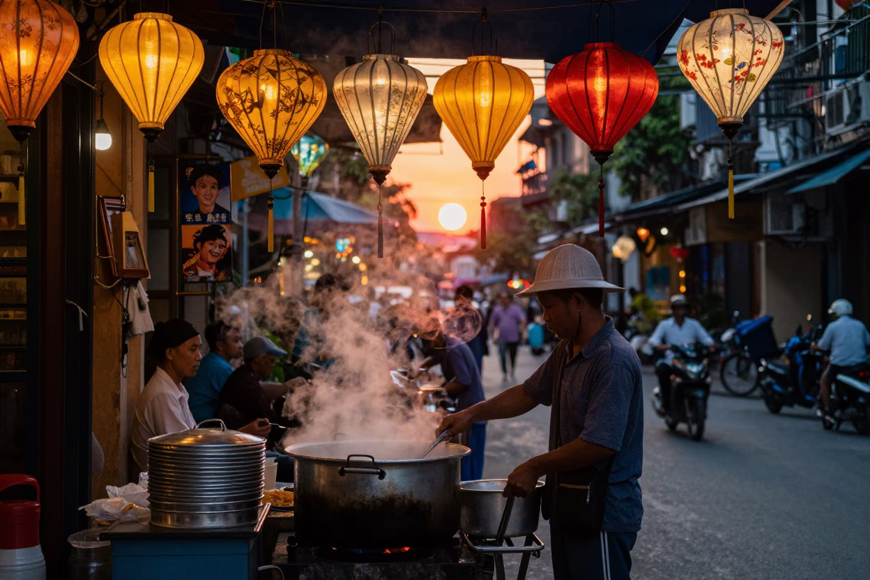 As The Sun Drops Toward The Horizon on Food Stall in Hanoi in in Hanoi, Vietnam