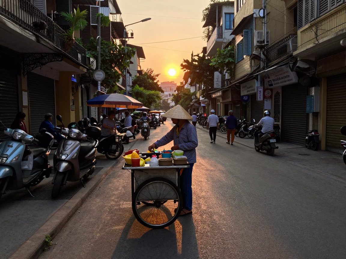 As The Sun Drops Toward The Horizon on Food Vendor in Hanoi in in Hanoi, Vietnam